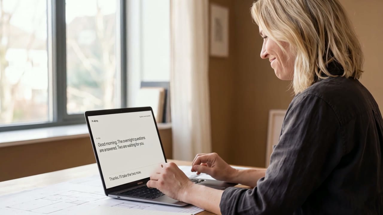 A business owner smiling at a note on her laptop, morning light from the window