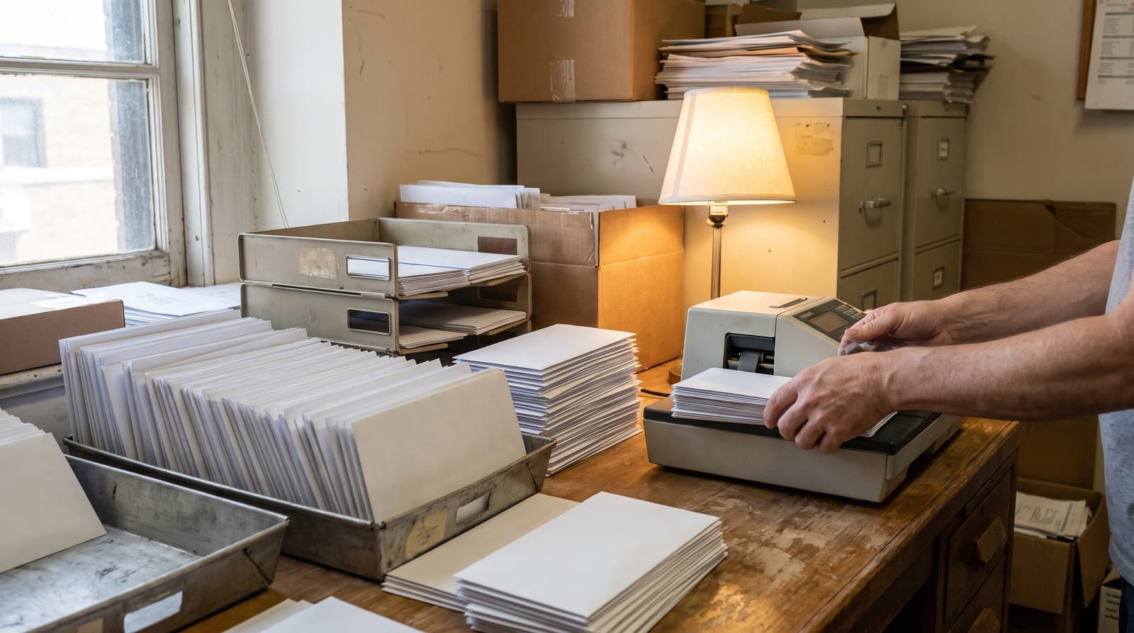 Hands feed a stack of white envelopes into a franking machine on a wooden desk beside trays of envelopes and a lit lamp.