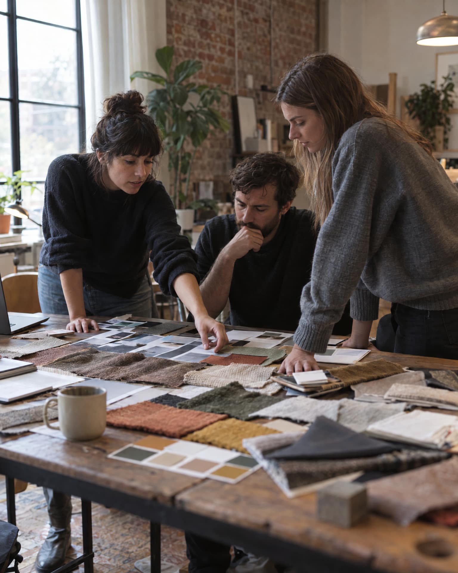 Three people lean over a large wooden table covered in woven fabric swatches, printed photographs and a colour chip card, with a mug in the foreground, a brick wall, a tall plant and a large window behind them.