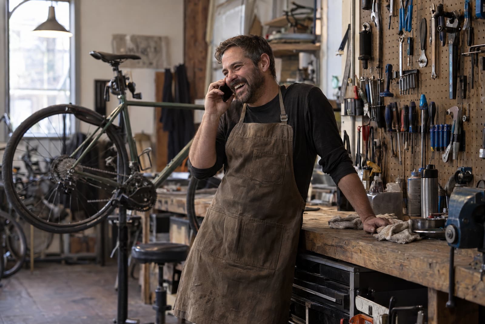 A bearded man in a dark long-sleeved shirt and a worn canvas apron laughs while holding a phone to his ear, leaning one hand on a wooden workbench in a bicycle workshop with a bike on a repair stand behind him and tools hanging on a pegboard wall.