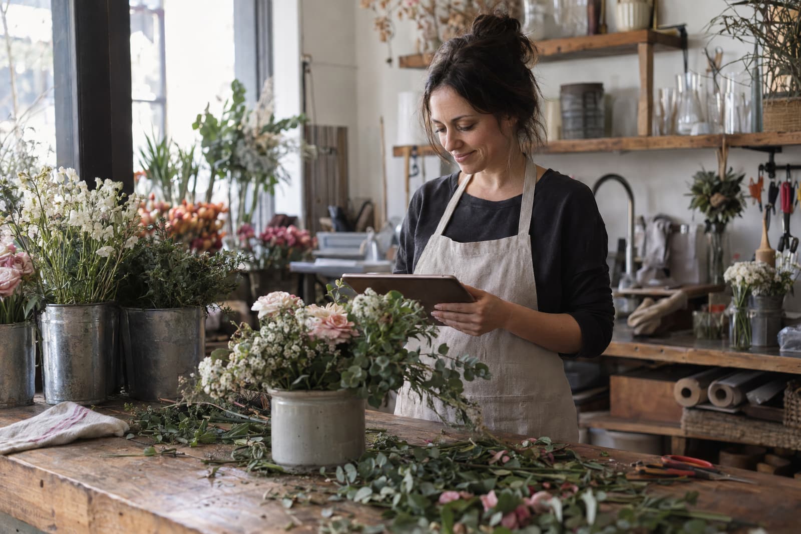 A woman with dark hair in a loose bun, wearing a linen apron over a dark top, smiles down at a tablet at a wooden workbench covered in cut greenery, beside a half-made arrangement in a stoneware pot and metal buckets of flowers.