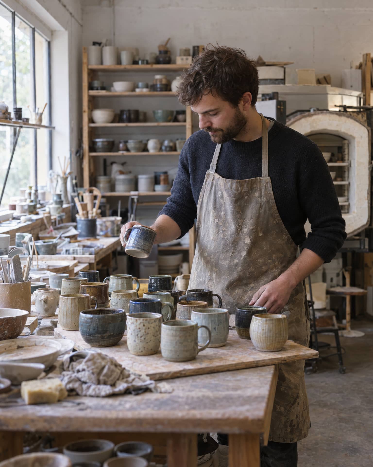 A bearded man in a dark sweater and a clay-spattered apron lifts a speckled blue mug above a wooden board crowded with handmade mugs, with shelves of bowls, a large window and an open kiln behind him.