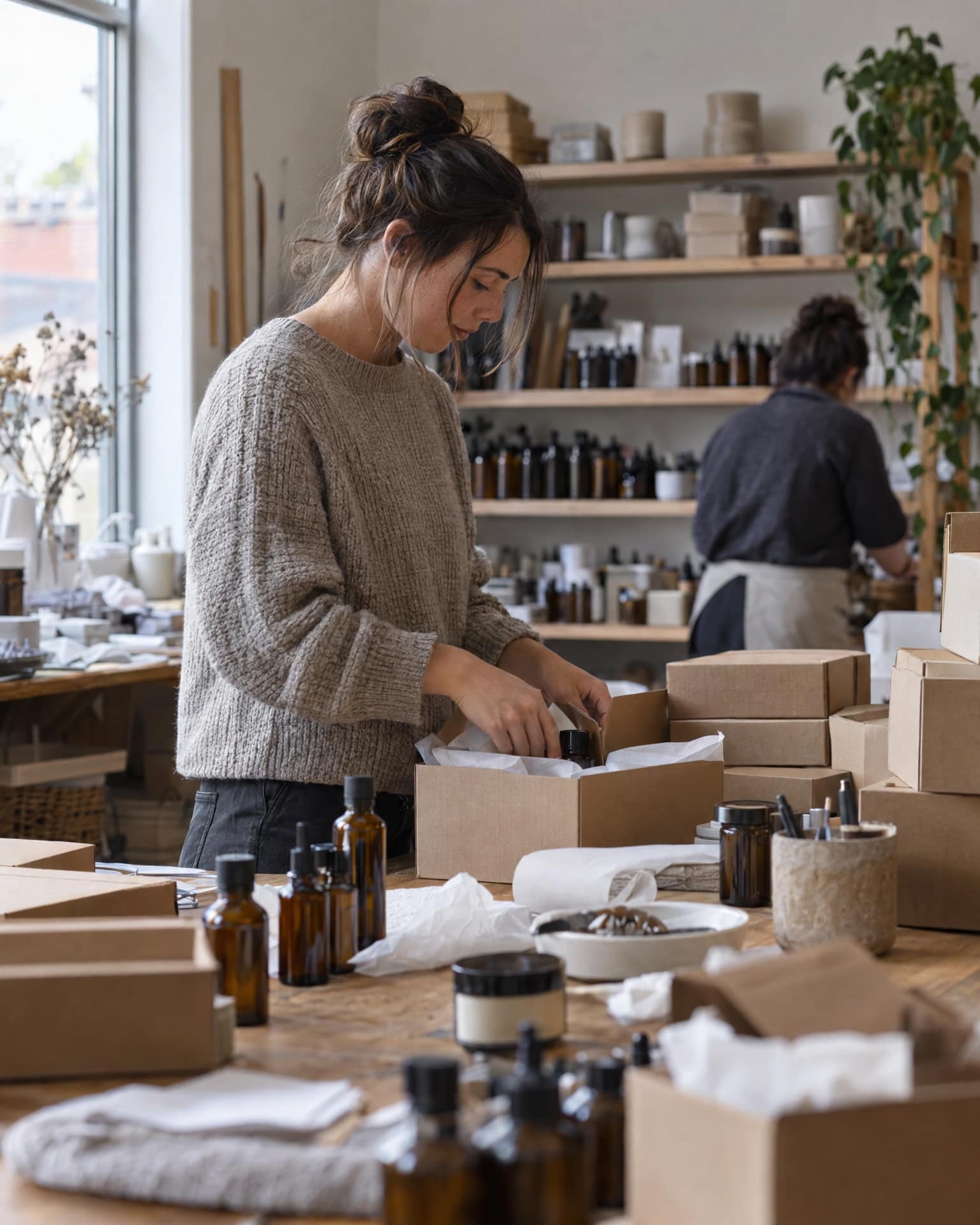 A woman with her hair in a bun, wearing a grey knit sweater, places an amber glass bottle into a cardboard box lined with white tissue paper at a wooden table crowded with boxes and bottles, while another woman in an apron works at shelves of bottles behind her.