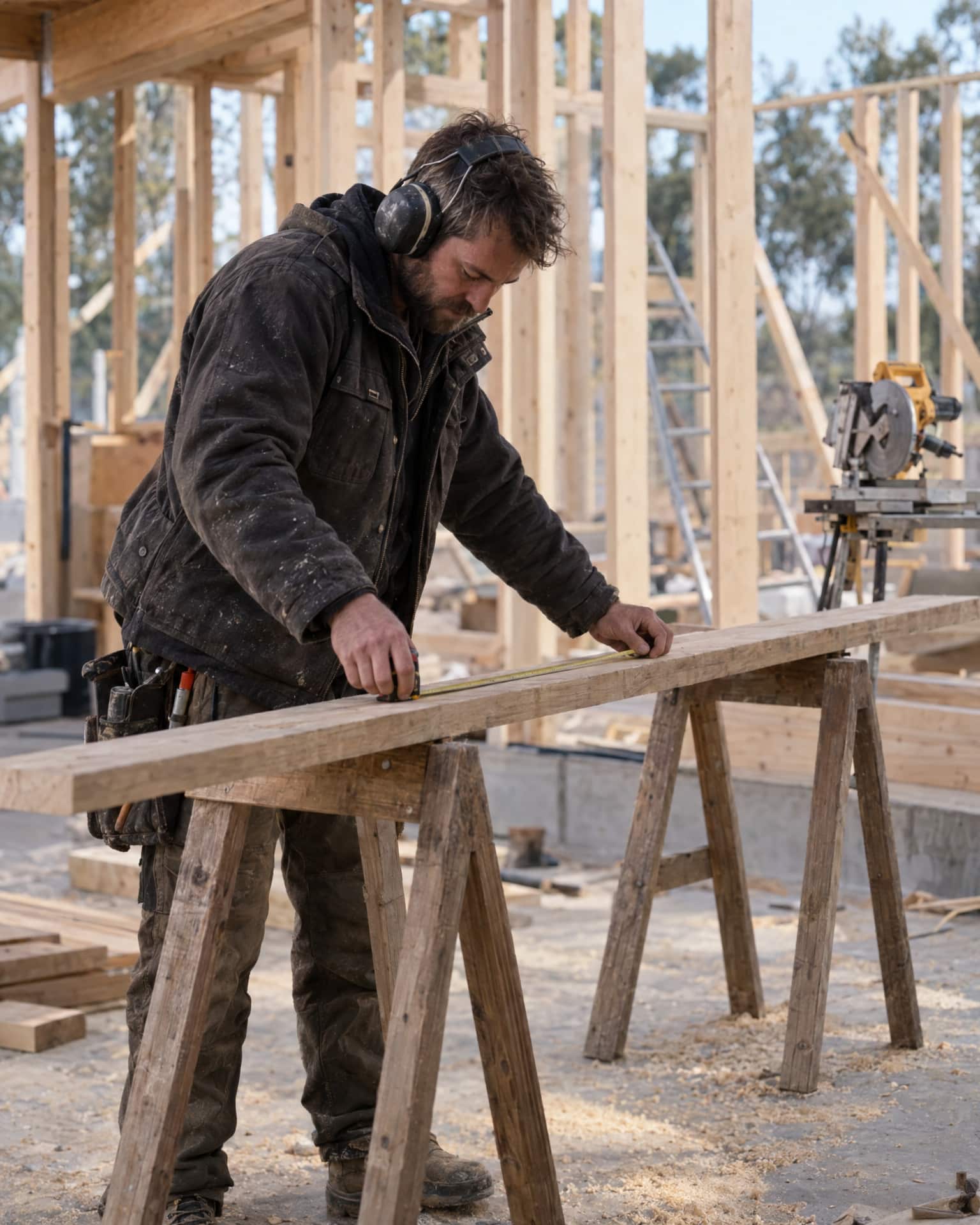 A bearded man in a dirty dark work jacket and ear defenders measures a long timber board on two wooden sawhorses, with a half-built timber frame, a ladder and a mitre saw behind him.