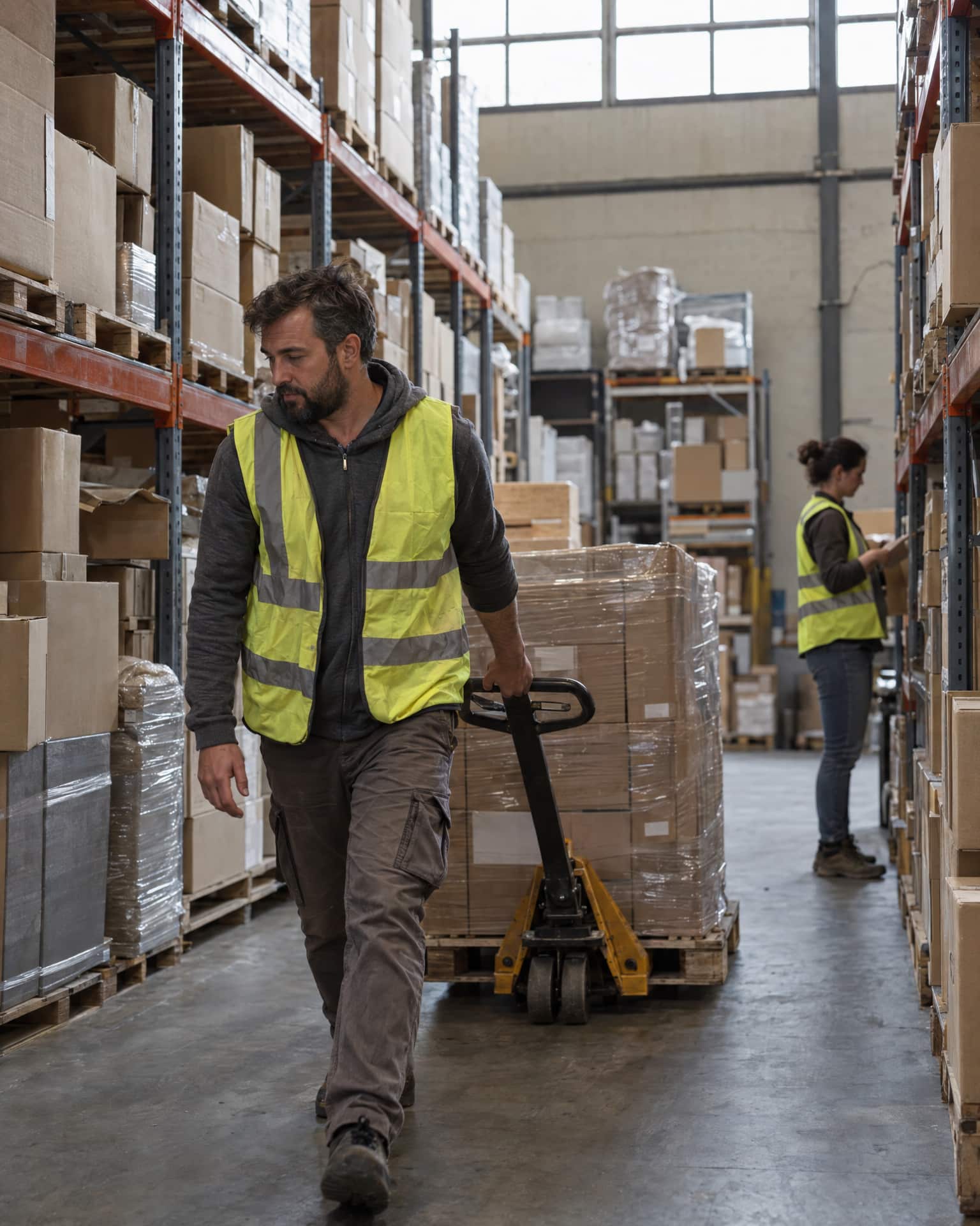 A bearded man in a yellow high-visibility vest pulls a pallet jack loaded with shrink-wrapped cartons down a warehouse aisle between tall shelves, while a woman in a similar vest checks items further back on the right.