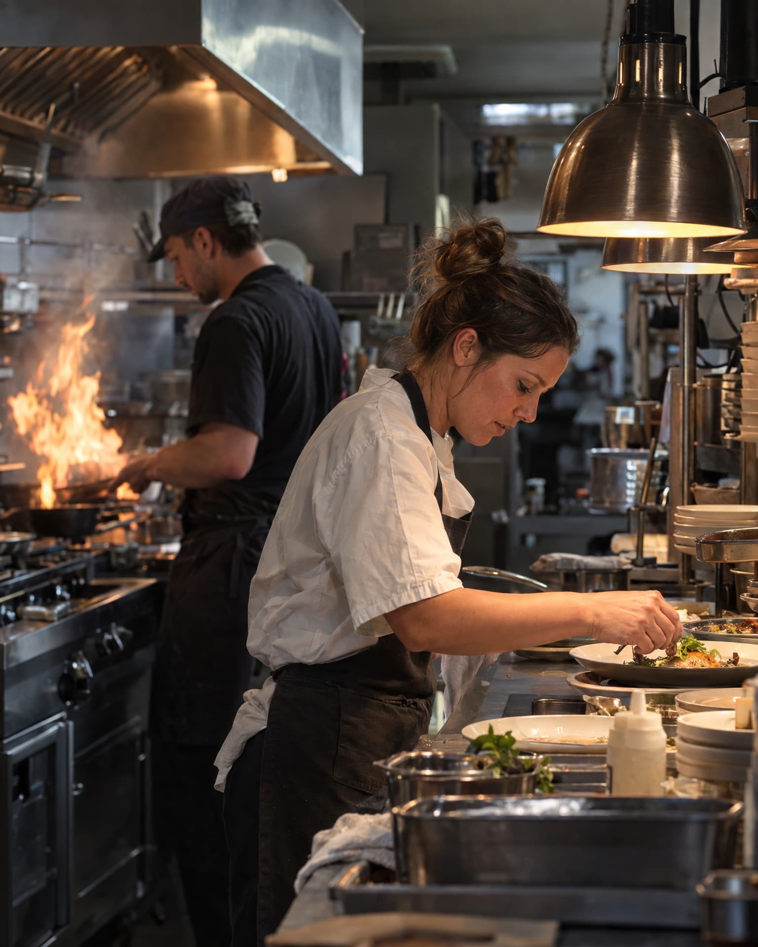 A woman in a white short-sleeved shirt and dark apron arranges greens on a plate under brass heat lamps while a man in a black shirt and cap cooks over a flaming pan behind her in a steel kitchen.