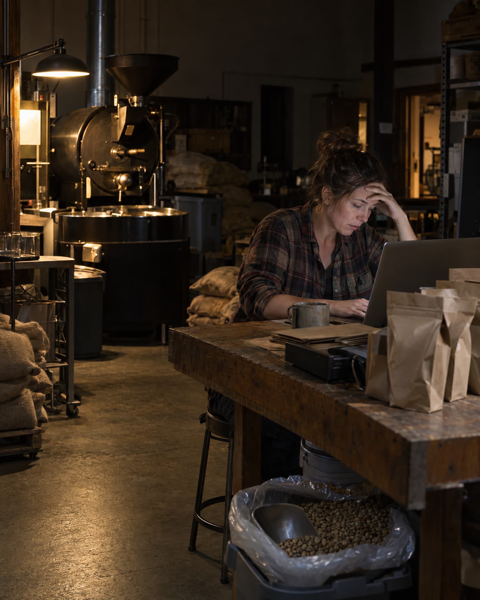 A woman in a plaid flannel shirt sits at a wooden workbench with a laptop, one hand pressed to her forehead, with kraft paper bags, a mug and a bin of green coffee beans nearby, and a coffee roaster and burlap sacks behind her under a single lamp.