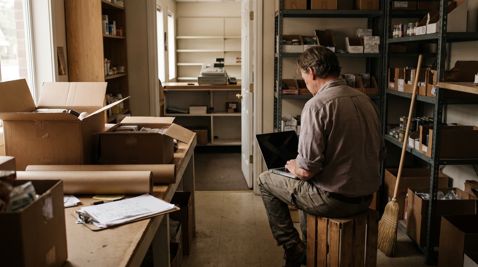 A person seen from behind sits on a wooden crate with a laptop, beside open boxes, a clipboard and stocked shelves, with a broom leaning against the shelving.