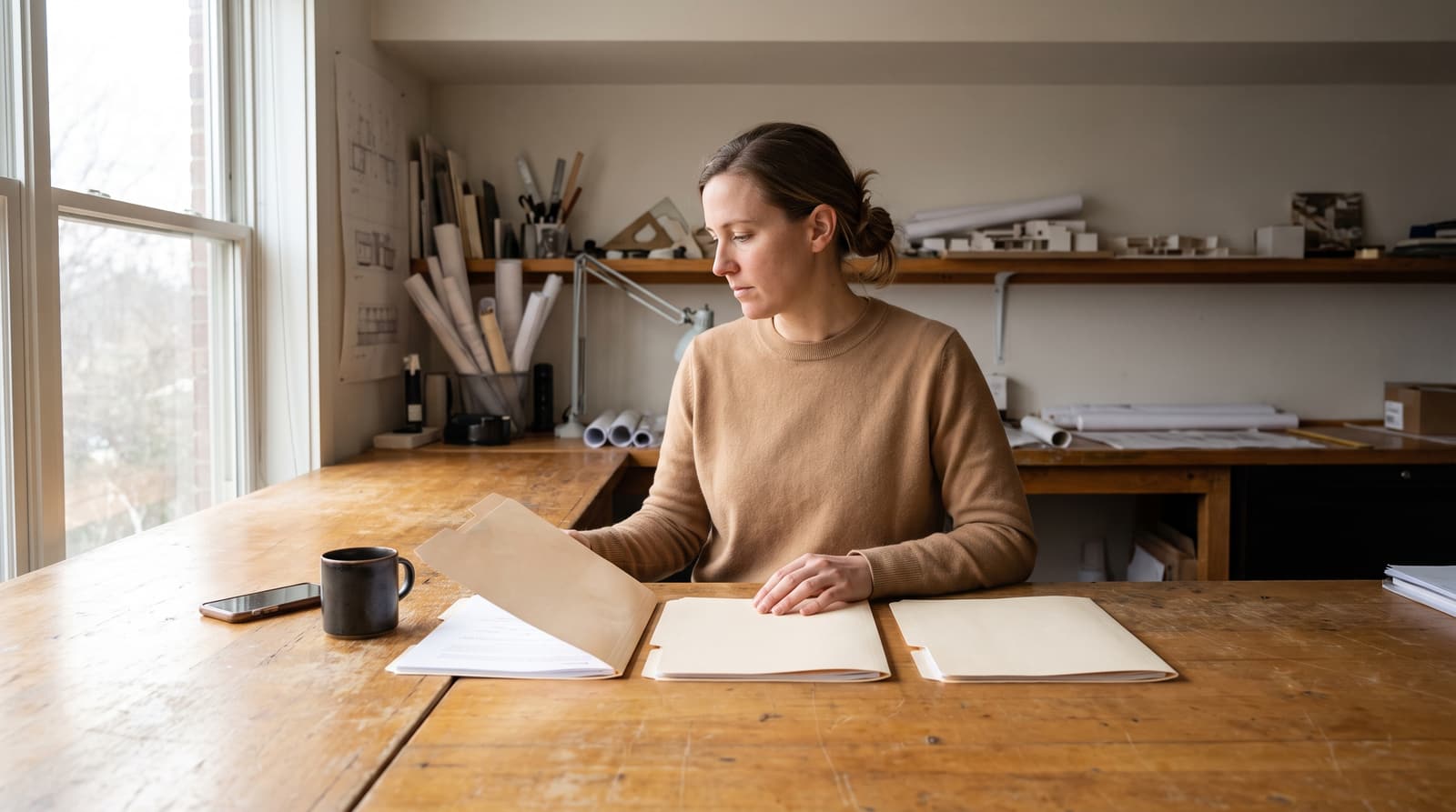 A woman sits at a wooden table with three manila folders, one open, a dark mug and a phone, with rolled plans and drafting tools behind her.
