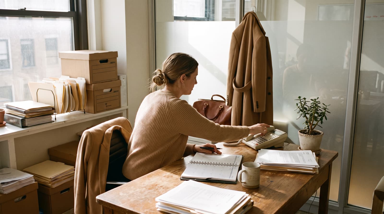 A seated woman holds a pen beside an open planner and reaches for a desk phone, with a coat and brown bag beside a glass office partition.
