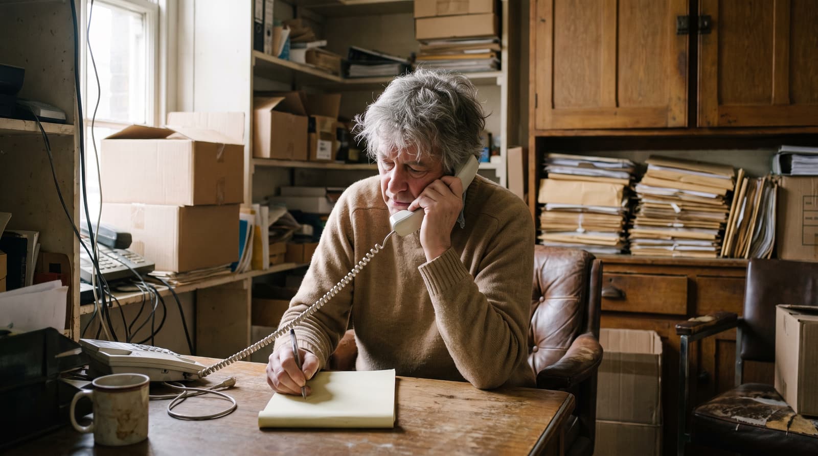 A grey-haired person holds a telephone handset to one ear and a pen over a blank notepad at a wooden desk surrounded by boxes and stacked papers.