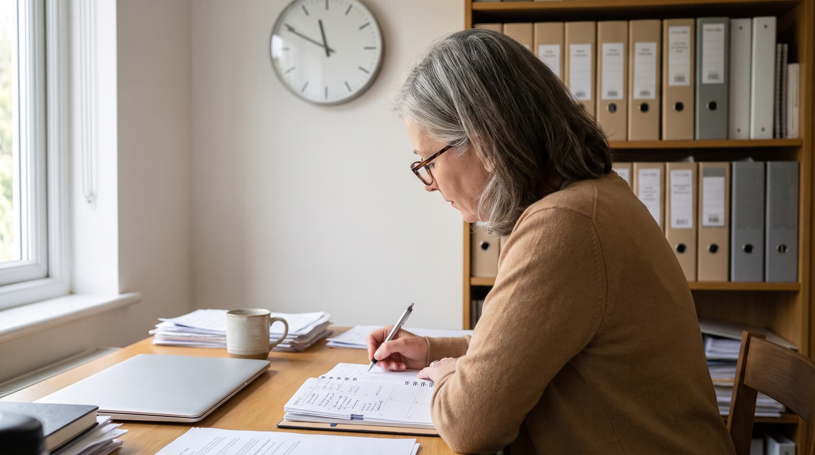 A grey-haired woman wearing glasses writes in an open planner at a wooden desk beside a window, with a closed laptop, mug, wall clock and shelves of binders nearby.