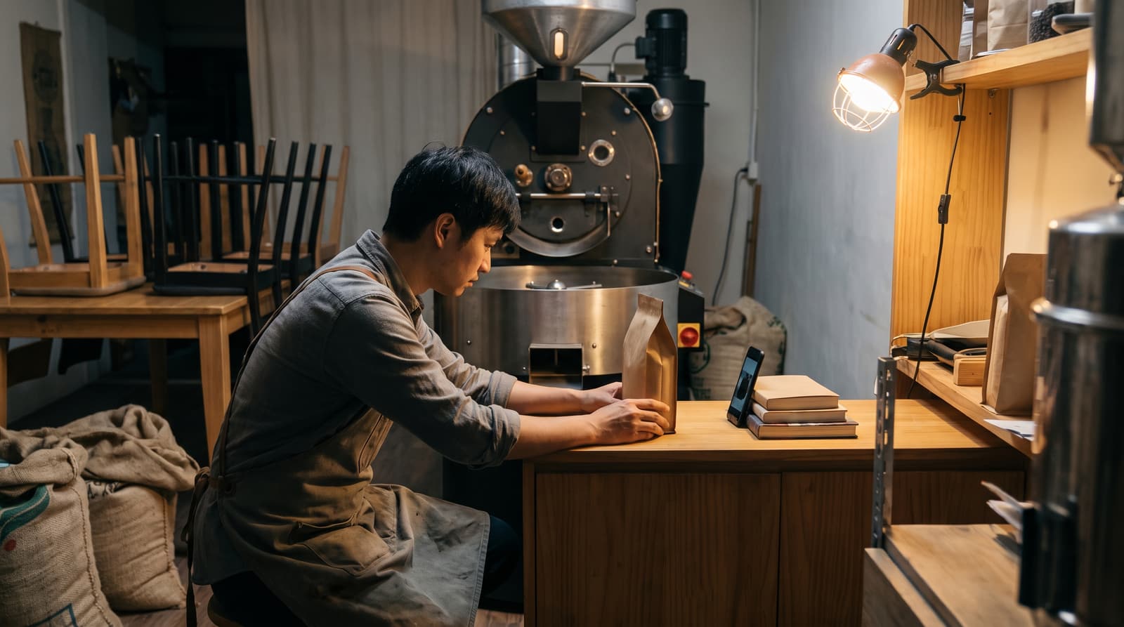 A person arranges a plain brown bag beside a propped phone on a wooden counter, with a coffee roaster and upturned chairs behind them.