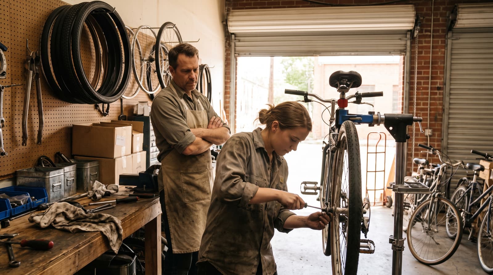 A woman uses a screwdriver on a bicycle in a repair stand while a man in an apron watches with folded arms, surrounded by tires, tools and other bicycles.