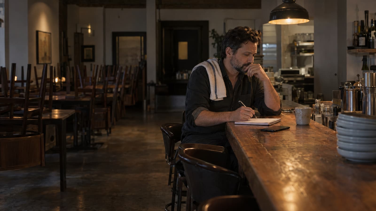 A bearded man with a towel over his shoulder sits alone at a long wooden bar in a dim, empty restaurant, holding a pen to a notepad with a phone face down beside him and chairs upturned on tables behind him.
