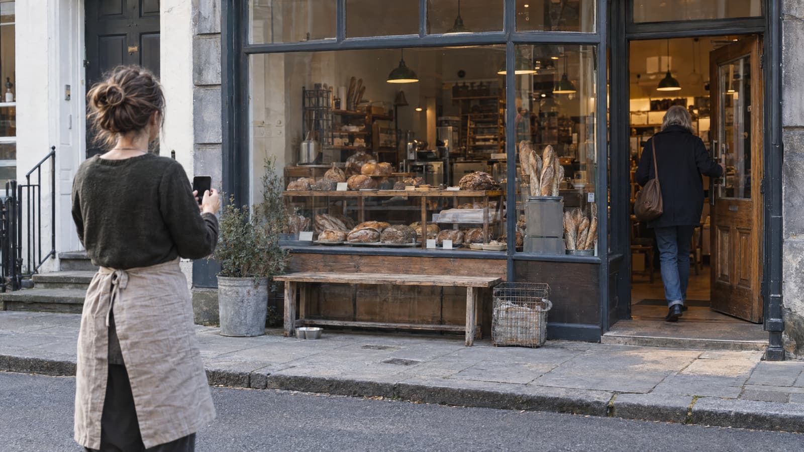A woman in a dark sweater and linen apron stands on a pavement holding up a phone toward a bakery window full of loaves and baguettes, while another person in a dark coat walks through the open shop door on the right.