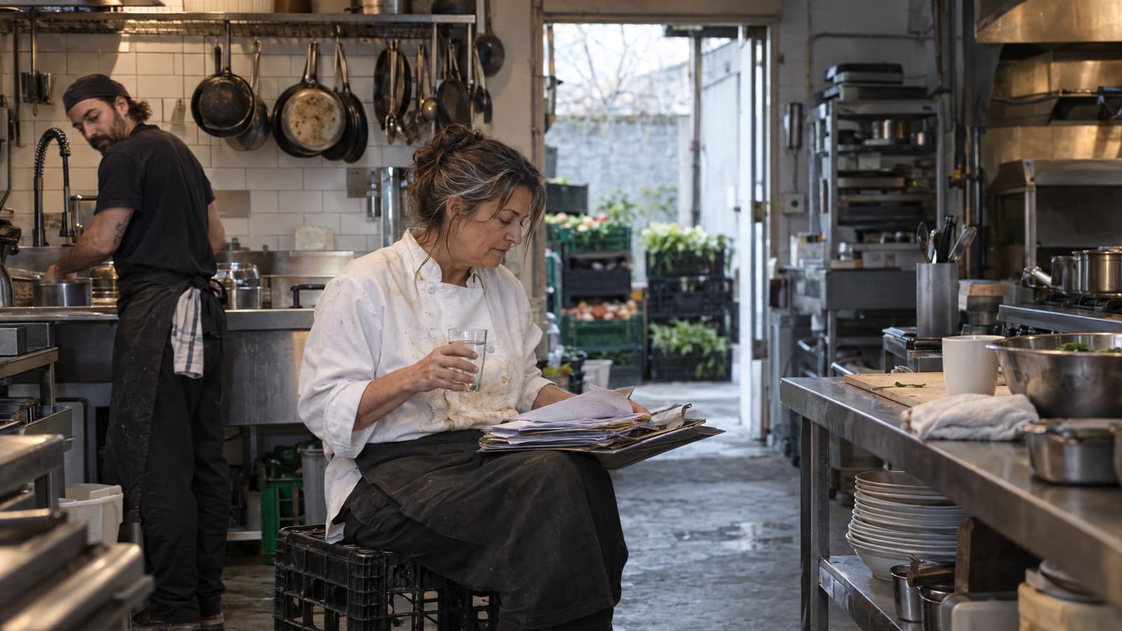 A woman in a stained white chef's jacket sits on a black plastic crate in a restaurant kitchen holding a glass of water and a thick stack of papers, while a man in black works at a sink behind her and crates of vegetables stand by an open back door.