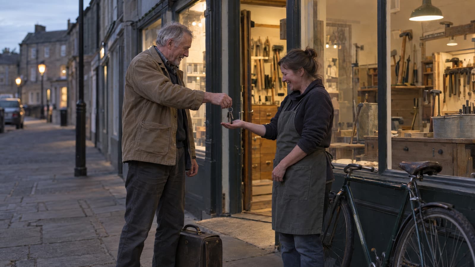 On a stone pavement at dusk, a grey-haired man in a tan canvas jacket, with a small brown suitcase at his feet, drops a ring of keys into the open palm of a smiling woman in a dark apron outside a lit shop window full of hand tools, with a green bicycle leaning against the wall.