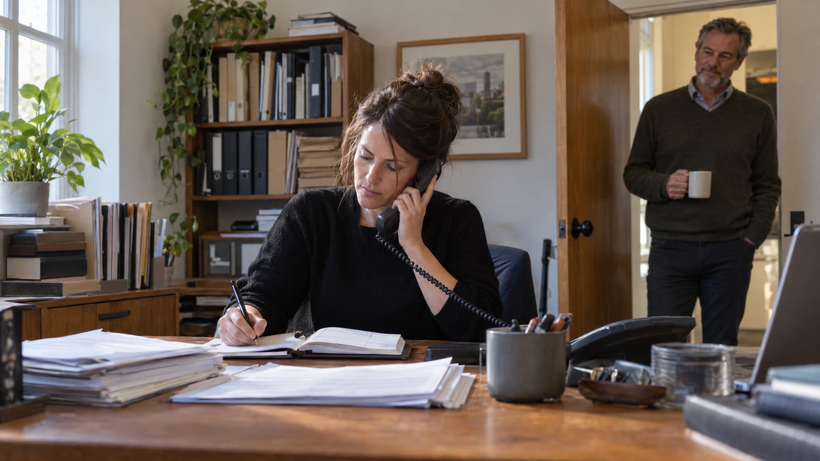 A woman in a black sweater sits at a wooden desk holding a corded desk phone to her ear and writing in an open notebook beside stacks of paper, while a grey-haired man in a dark green sweater stands in a doorway holding a white mug and watching her.