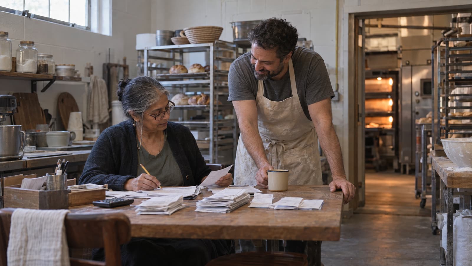 A grey-haired woman in glasses sits at a wooden table in a bakery back room, marking papers with a pencil among stacks of receipts, while a bearded man in a floured apron leans on the table beside a mug, with lit ovens and bread racks behind them.