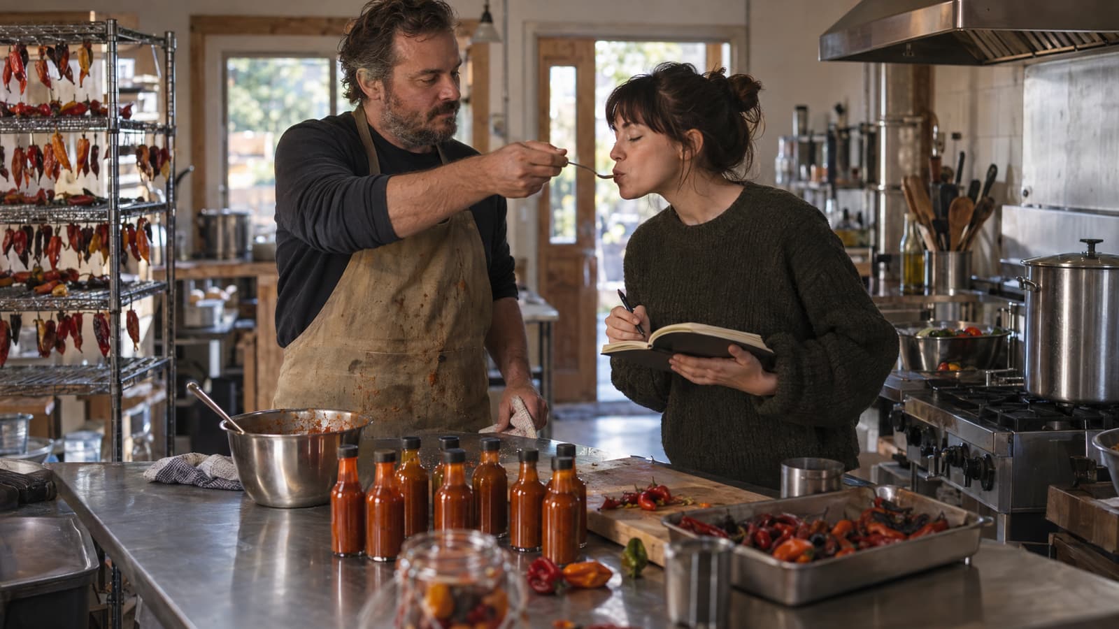 A bearded man in a stained apron holds a spoon to the lips of a woman with closed eyes who holds an open notebook and pen, beside a steel counter lined with bottles of red sauce and a tray of peppers in a kitchen.