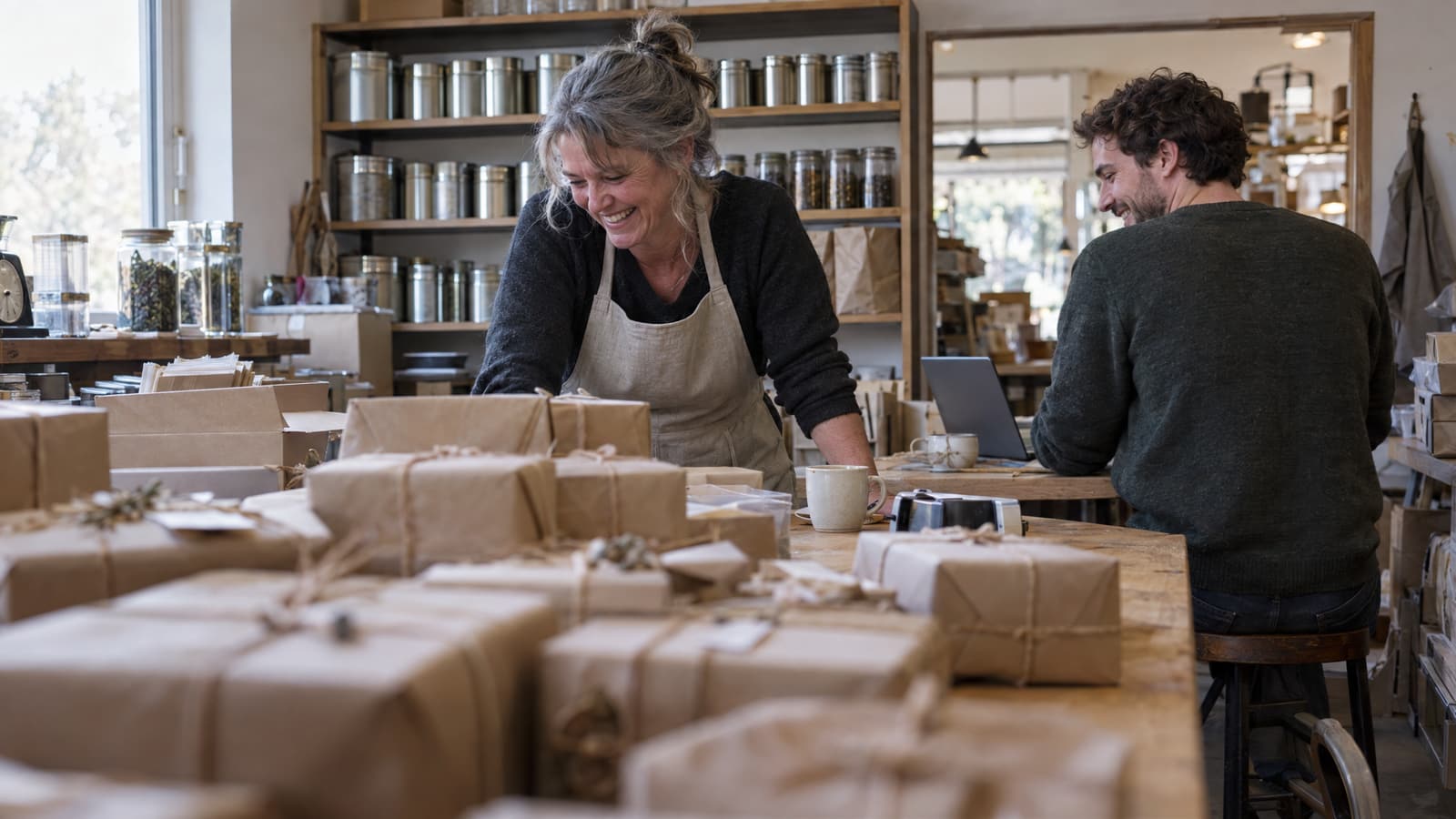 A laughing woman in a linen apron leans over a long wooden table piled with brown-paper parcels tied with twine, while a curly-haired man in a green sweater sits on a stool beside a laptop, with shelves of metal tins behind them and daylight from a window on the left.
