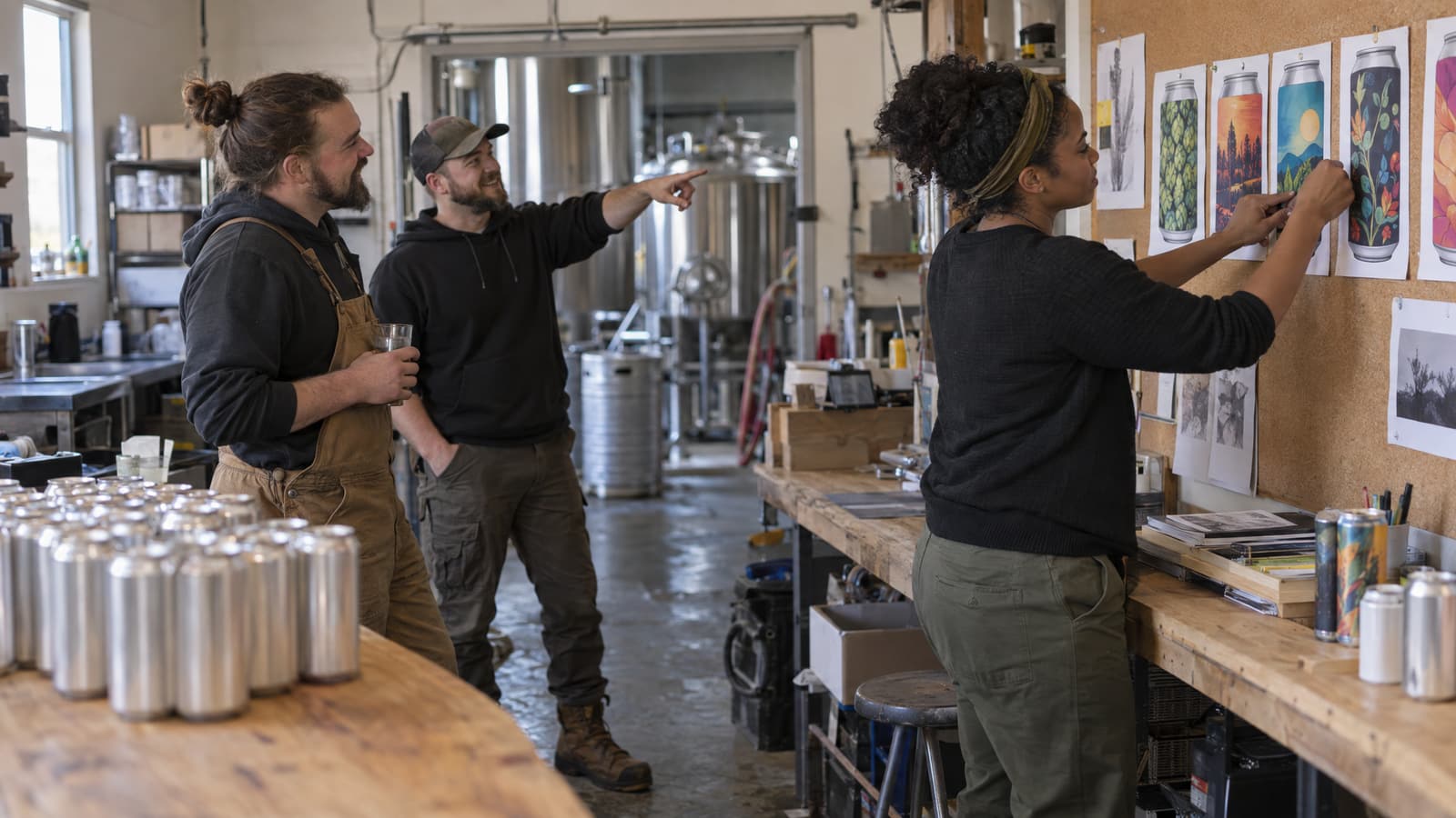 In a small brewery workroom, a woman pins illustrated drawings of beverage cans to a cork wall while two bearded men in work clothes watch, one pointing at the drawings, with rows of plain silver cans on a wooden counter and steel tanks visible through a doorway.
