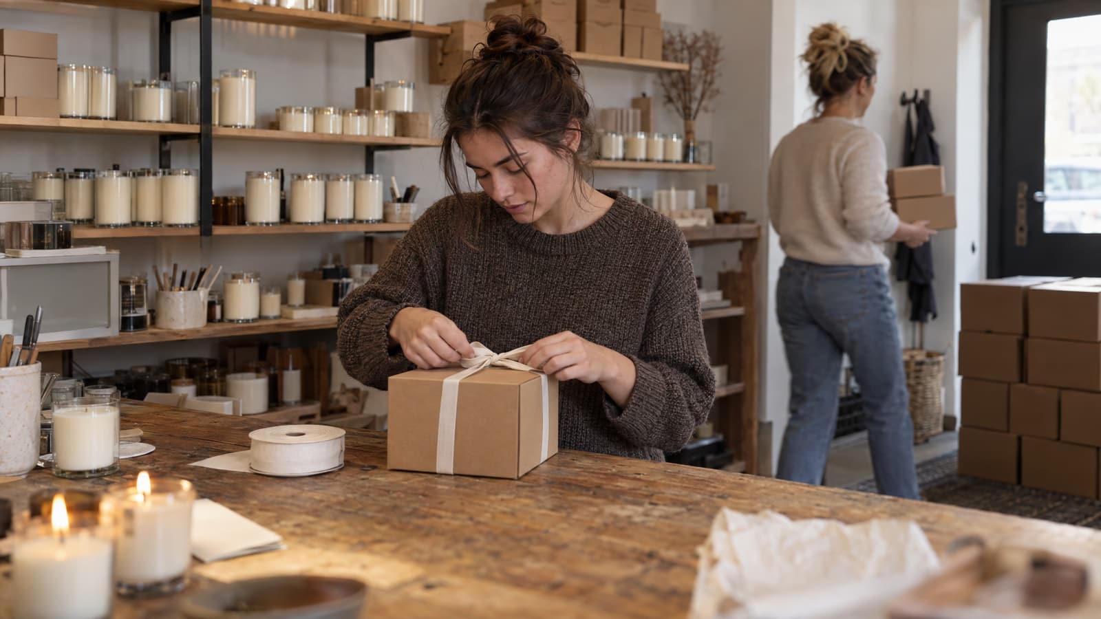 A young woman in a brown knit sweater ties a cream ribbon around a kraft box on a worn wooden table with candles and a ribbon spool, while another woman in the background carries two boxes toward a stack by a glass door, in front of shelves of white candles in jars.
