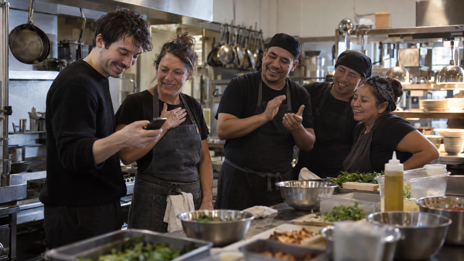 In a restaurant kitchen with steel counters, bowls of greens and hanging pans, a young man in a black sweater looks at his phone and smiles while four people in aprons laugh beside him, one woman with a hand on her chest and one man clapping.