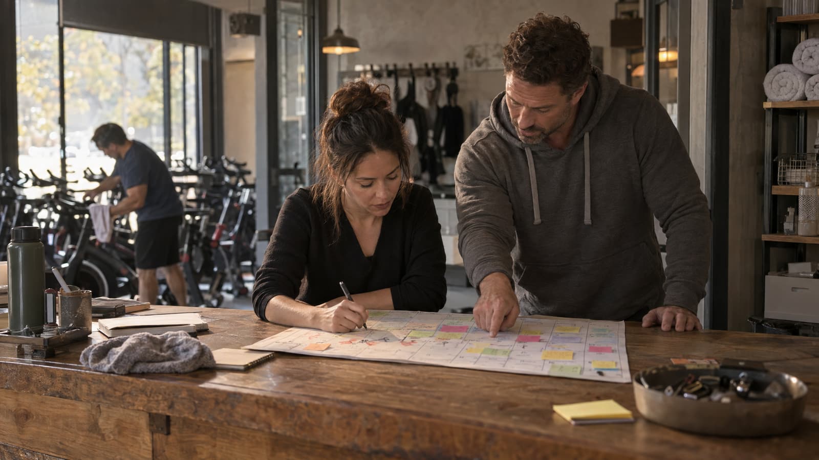 A woman writes with a pen on a large paper calendar covered in coloured sticky notes while a man in a grey hoodie leans over a wooden counter and points at it, with a man wiping down exercise bikes in the room behind them.