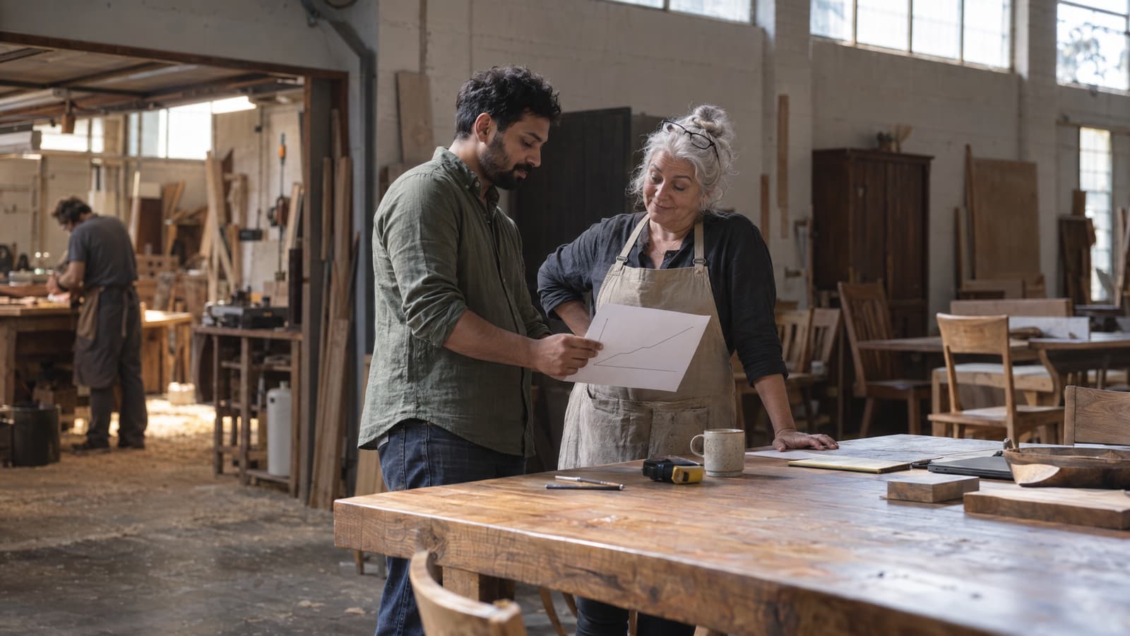 A bearded man in a green linen shirt holds up a sheet of paper with a single rising line on it for a grey-haired woman in a canvas apron as they stand at a long wooden table in a furniture workshop, while another person works at a bench in the background.