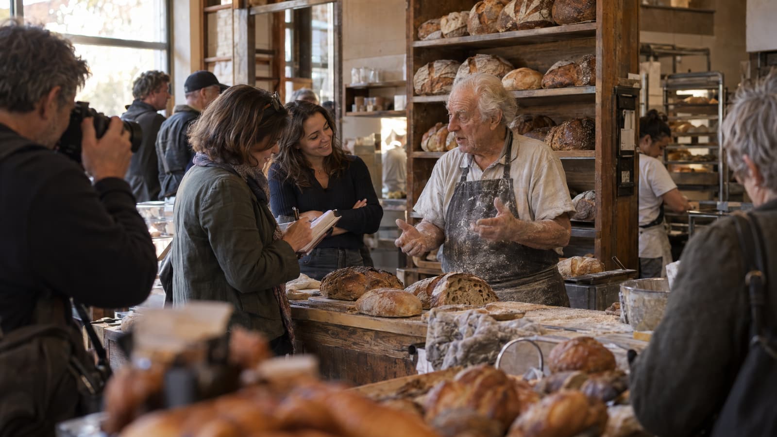 In a bakery with loaves on wooden shelves, an elderly man in a flour-dusted apron gestures over a counter of bread while a woman writes in a notebook, another woman stands with folded arms smiling, a man photographs them from the left, and several people wait in the background.