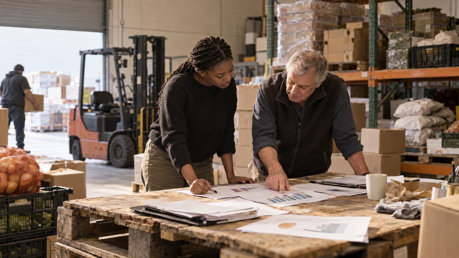 A young woman with long braids holds a pen over printed bar charts on a table made from a wooden pallet while an older man in a dark fleece vest leans in and points at one chart, with warehouse shelving, a parked forklift and an open roller door behind them.