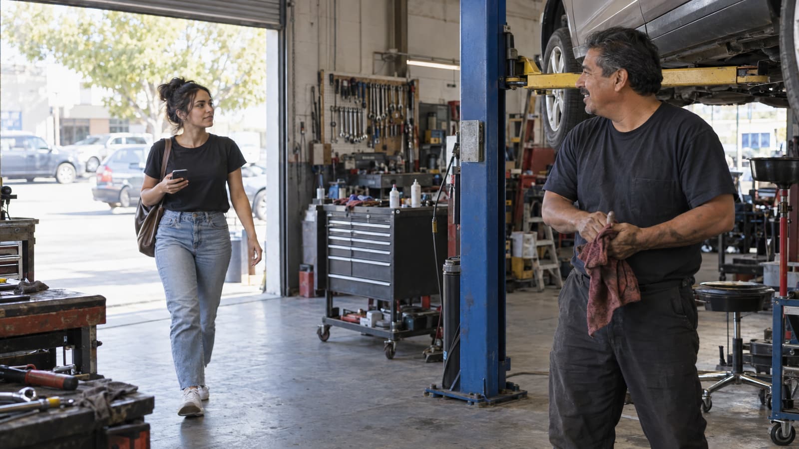 A young woman holding a phone walks through the open roller door of an auto repair garage while an older man in a dark T-shirt wipes his hands on a red rag beside a car raised on a blue lift, with a wall of wrenches and a tool chest behind them.