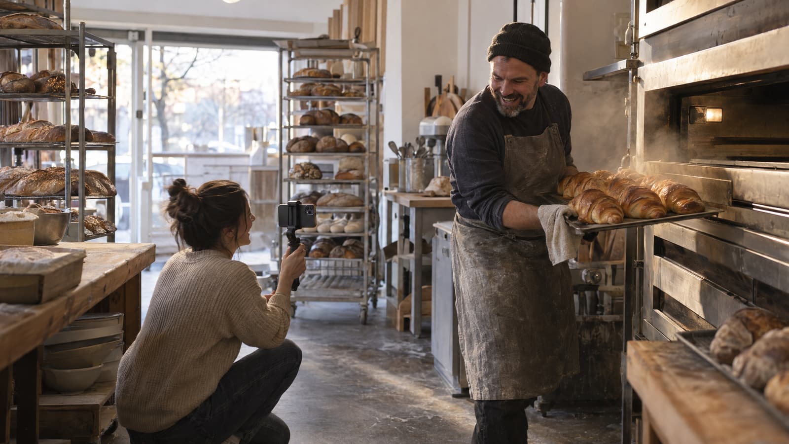 In a bakery kitchen, a woman kneels on the floor filming with a phone on a handheld stabiliser as a laughing man in a beanie and a floury apron pulls a tray of croissants from a steaming deck oven, with racks of bread loaves and a bright front window behind.