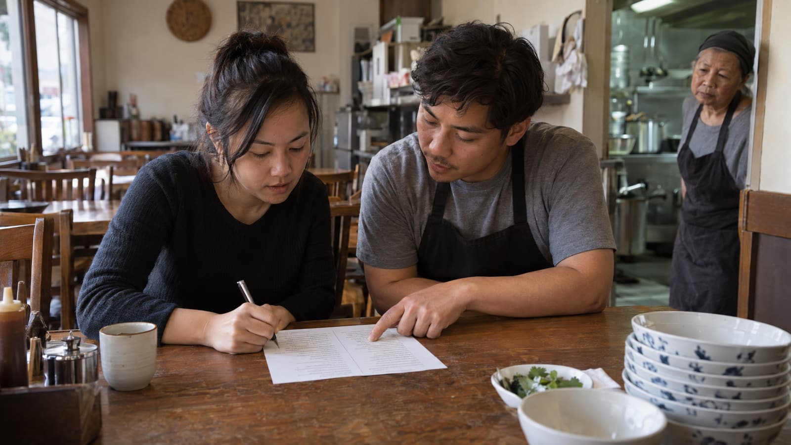 A young woman writes with a pen on a printed two-column sheet on a wooden restaurant table while a man in a grey T-shirt and dark apron points at a line on it, and an older woman in an apron stands in the kitchen doorway behind them beside a stack of blue-and-white bowls.