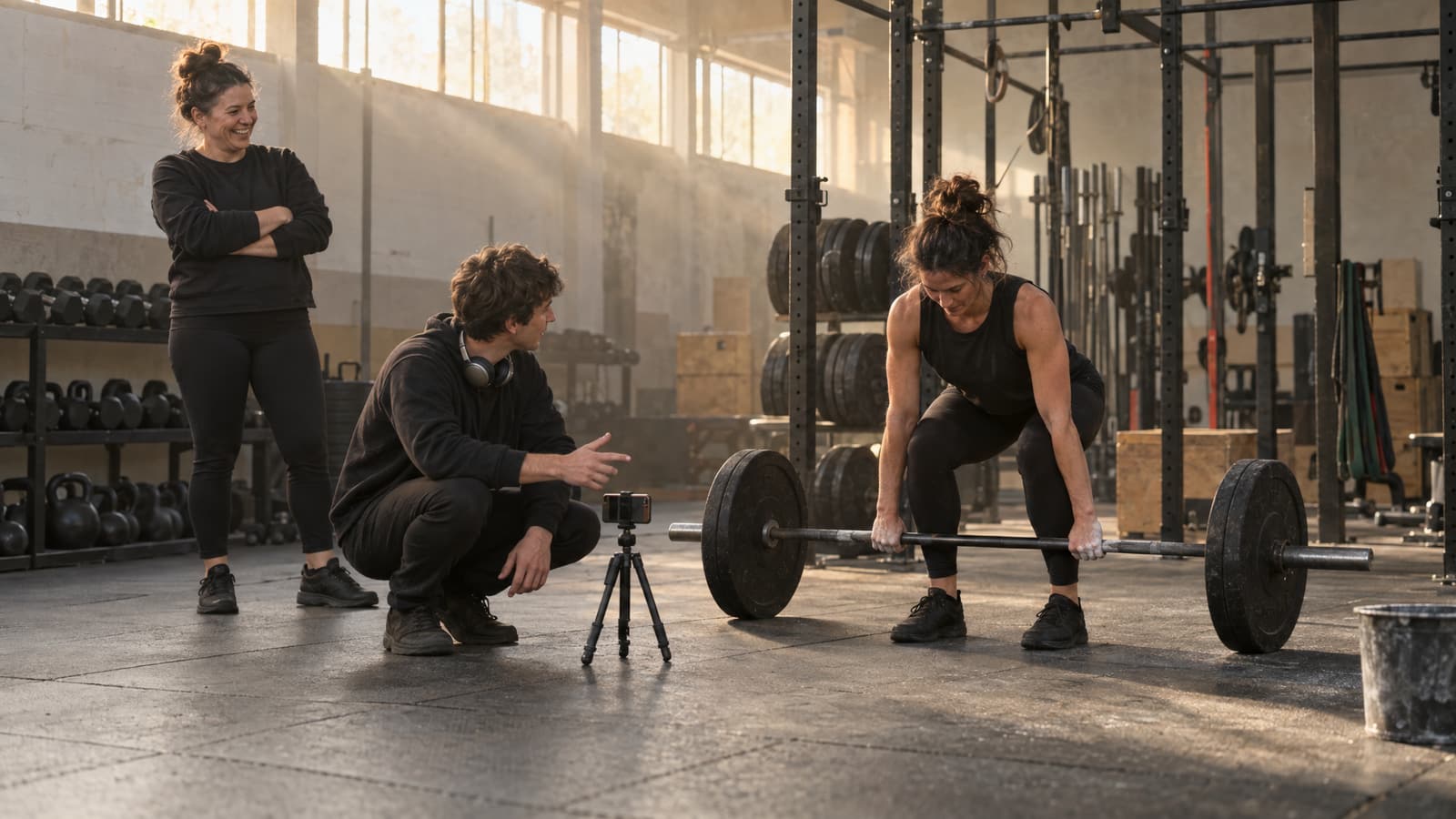 In a gym with sunlight coming through high windows, a young man with headphones around his neck crouches beside a phone on a small tripod and points toward a woman gripping a loaded barbell, while another woman stands with her arms folded and laughs.