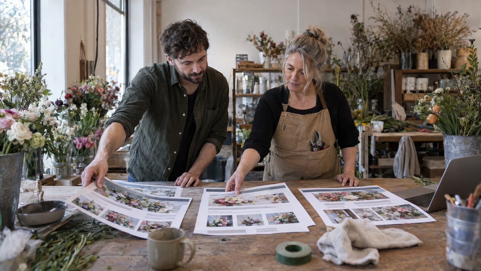 A bearded man in a green shirt and a grey-haired woman in a tan apron with shears in the pocket lean over a wooden worktable covered in printed sheets of flower photographs, surrounded by vases and buckets of flowers in a daylit workroom.