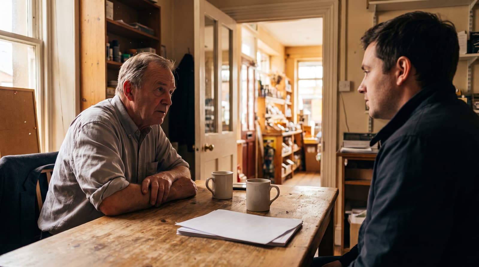 Two men sit across a wooden table with two mugs and a stack of papers, with shop shelves visible through an open doorway behind them.