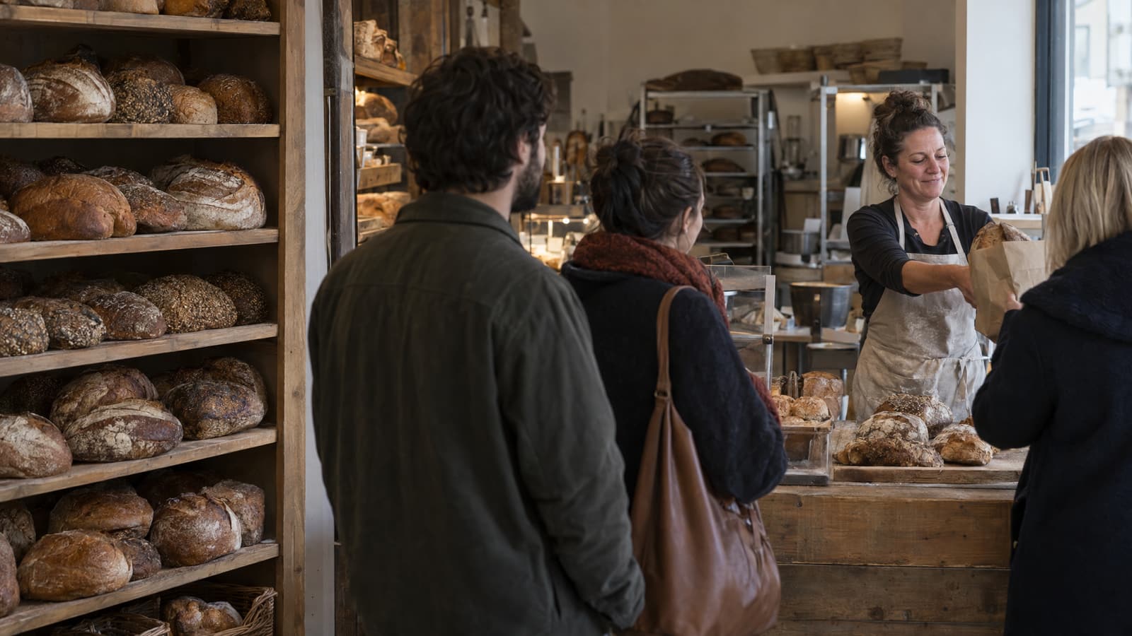 A woman in a flour-dusted apron stands behind a wooden bakery counter handing a paper bag of bread to a person with their back to the camera, while a man and a woman wait nearby beside wooden shelves full of loaves.