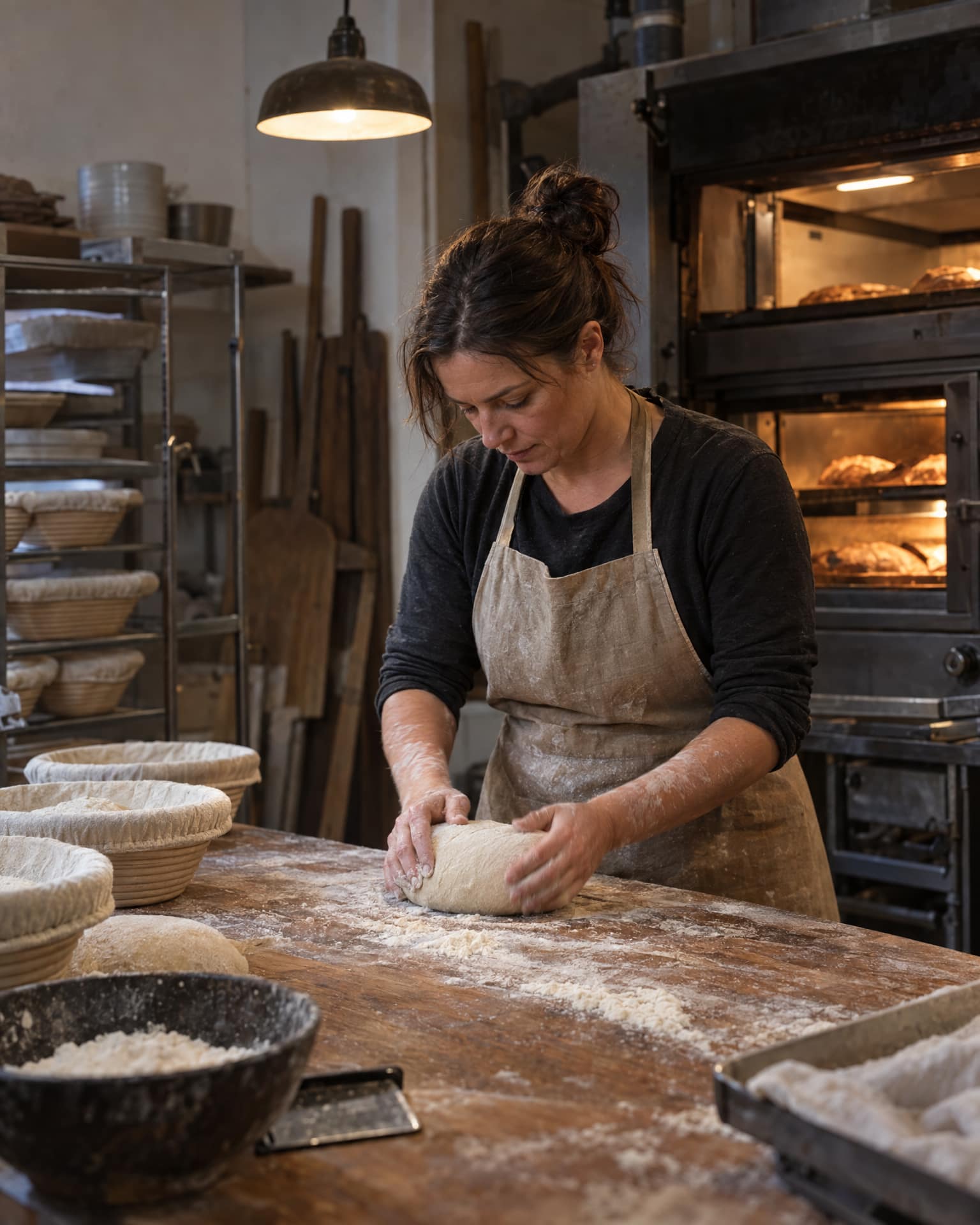 A woman in a dark long-sleeved top and a flour-dusted apron shapes a ball of dough with both hands on a floured wooden table, with cloth-lined proofing baskets on the left, a hanging lamp above and an oven holding loaves behind her on the right.