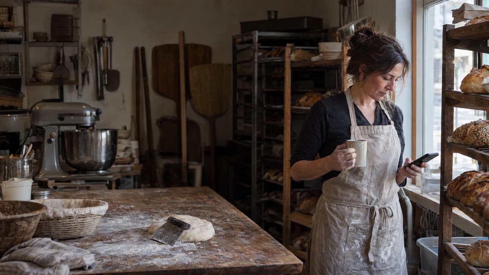 A woman in a floury linen apron stands by a window in a small bakery, looking at a phone in one hand and holding a mug in the other, beside wooden racks of loaves, with a floured wooden bench, a piece of dough under a bench scraper, a proofing basket, a stand mixer and wooden peels in the dim room to the left.