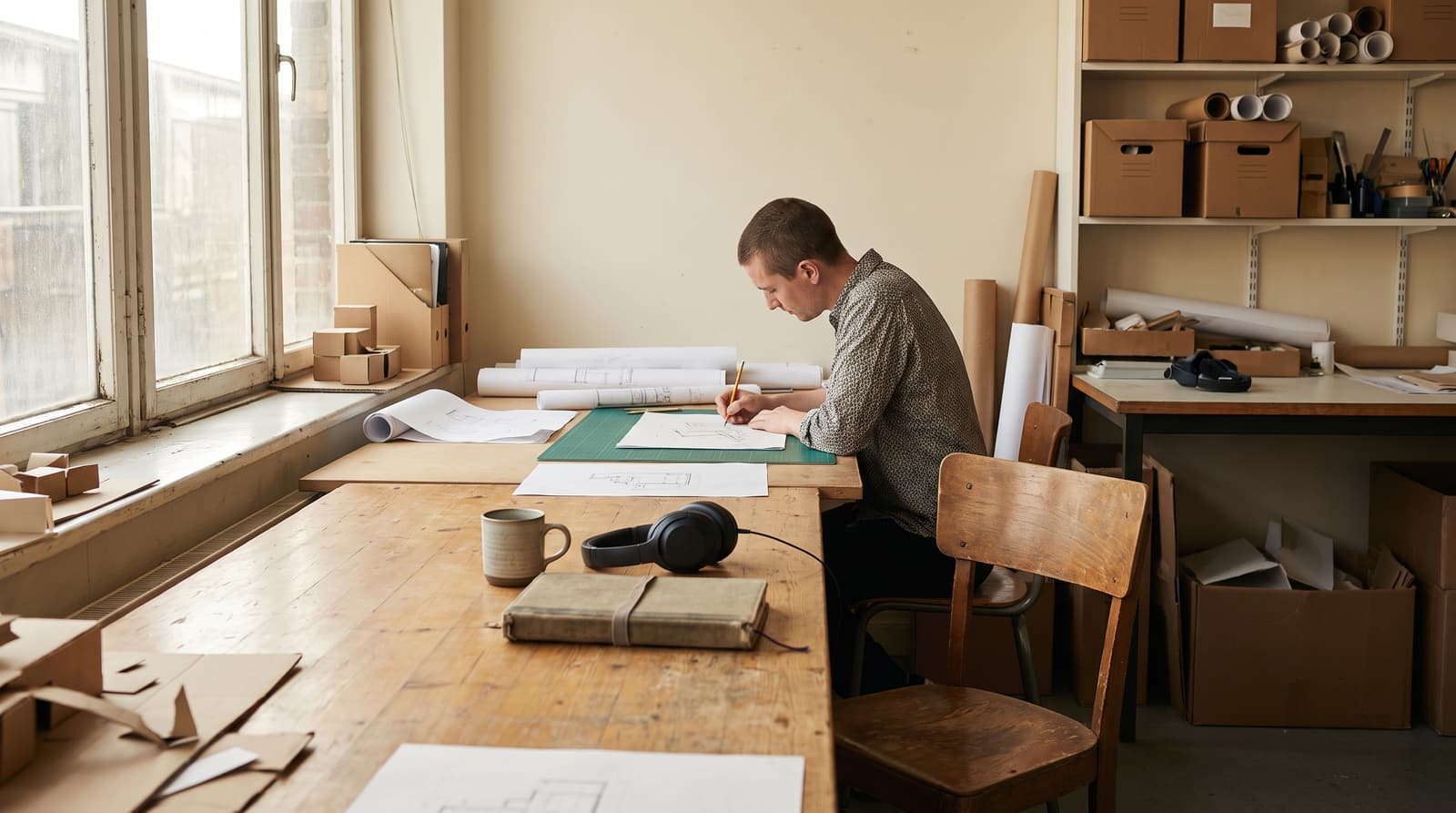 A person draws on paper at a wooden studio table beside a window, with headphones, a mug and a closed notebook beside an empty chair in the foreground.