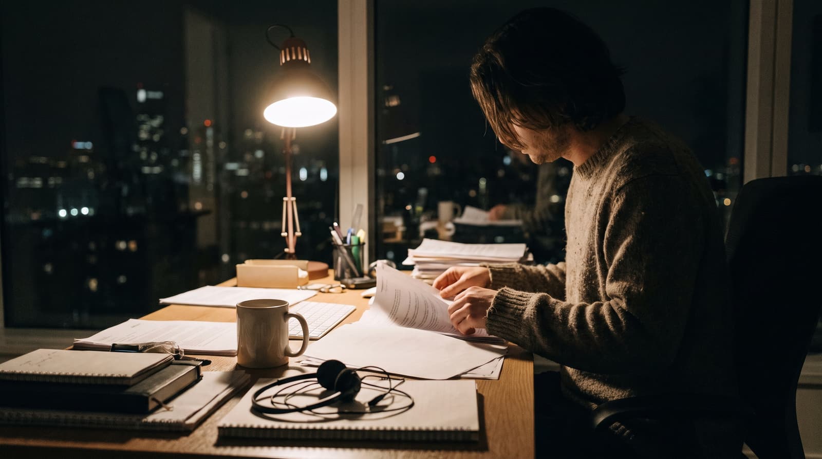 A person in side profile sorts papers at a lamp-lit desk with a mug and headset, beside a window overlooking city lights at night.