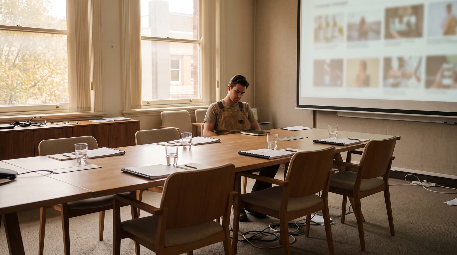 A man wearing a brown work apron sits alone at a long conference table set with spiral-bound documents, pens and water glasses, with a projection screen behind him.