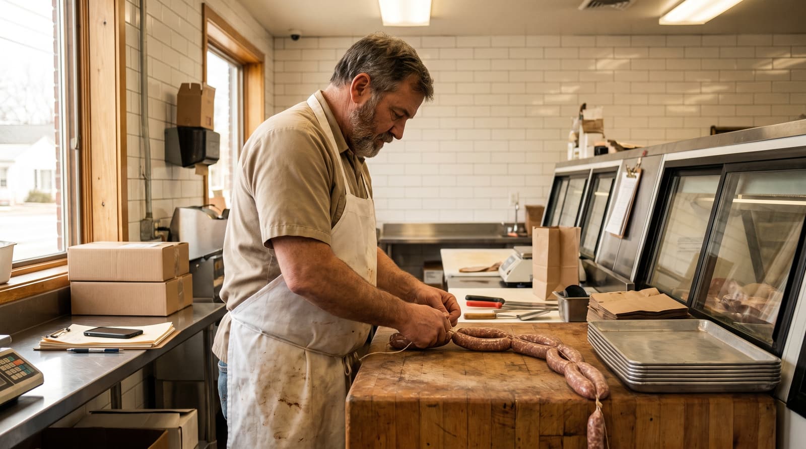 A man in a white apron ties sausages on a wooden butcher block, with a face-down phone, papers and a pen on the steel counter behind him.