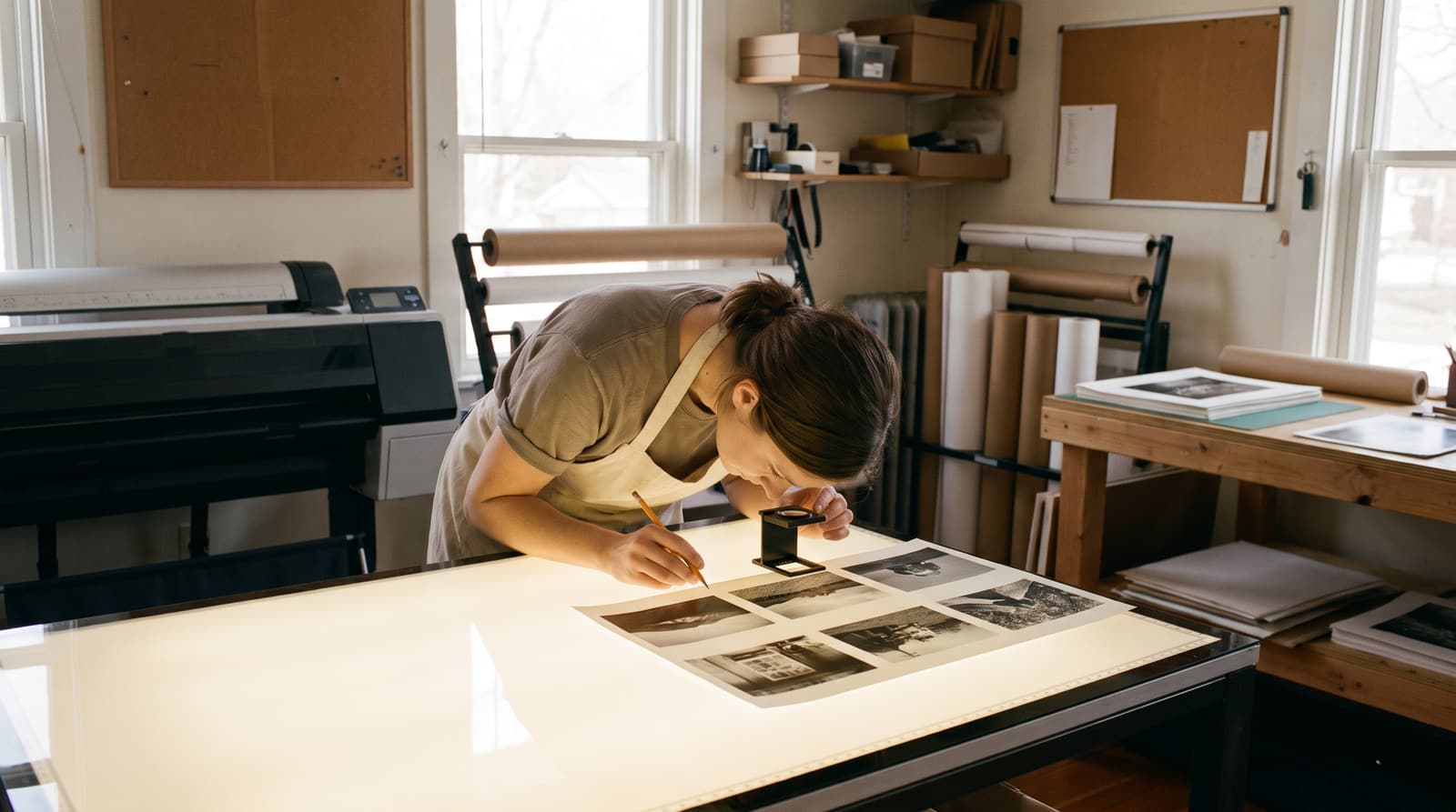 A woman bends over an illuminated table with photographic proofs, holding a pencil beside a loupe, with a large printer, paper rolls and stacked prints behind her.