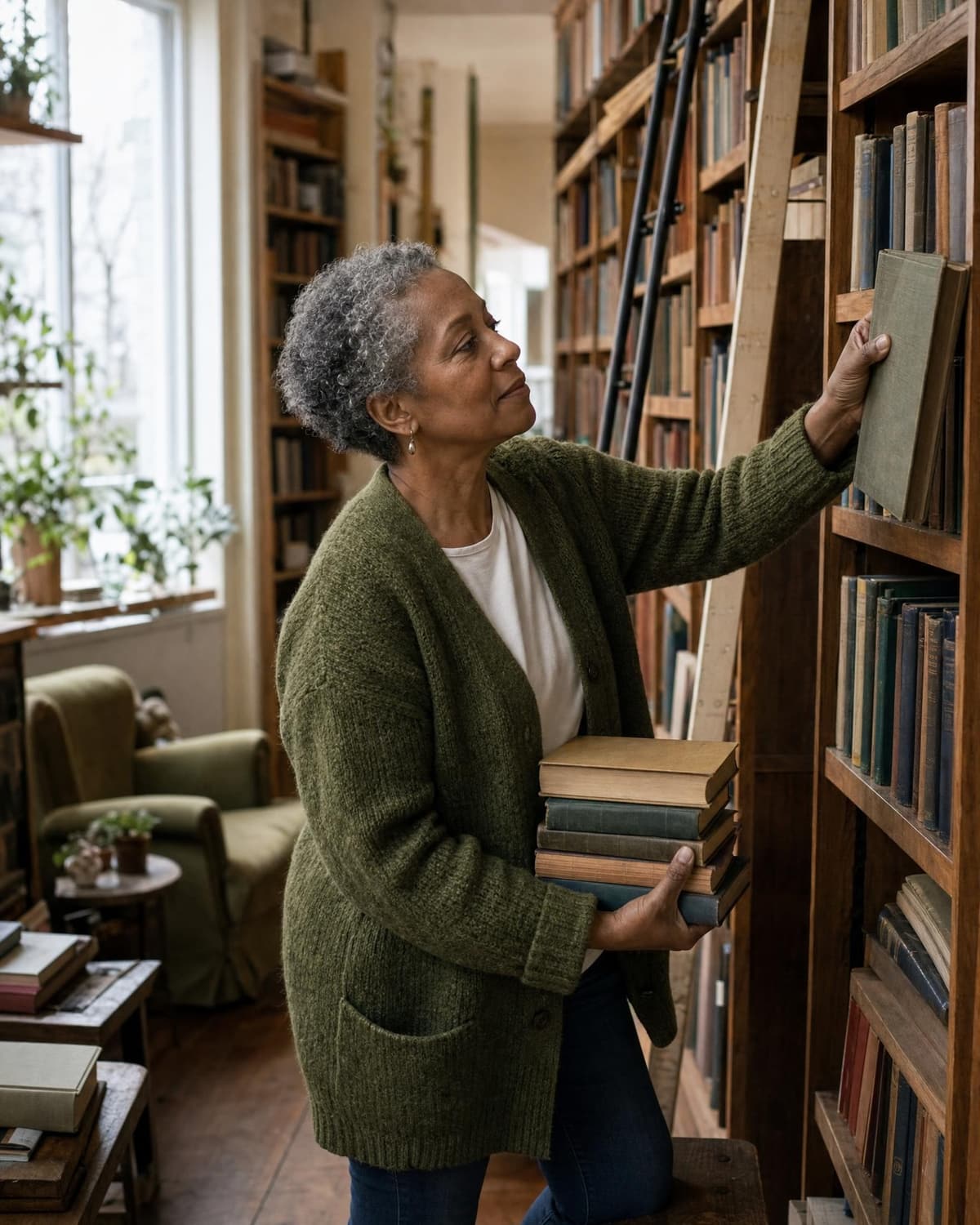 A bookshop owner sliding a hardback onto a shelf