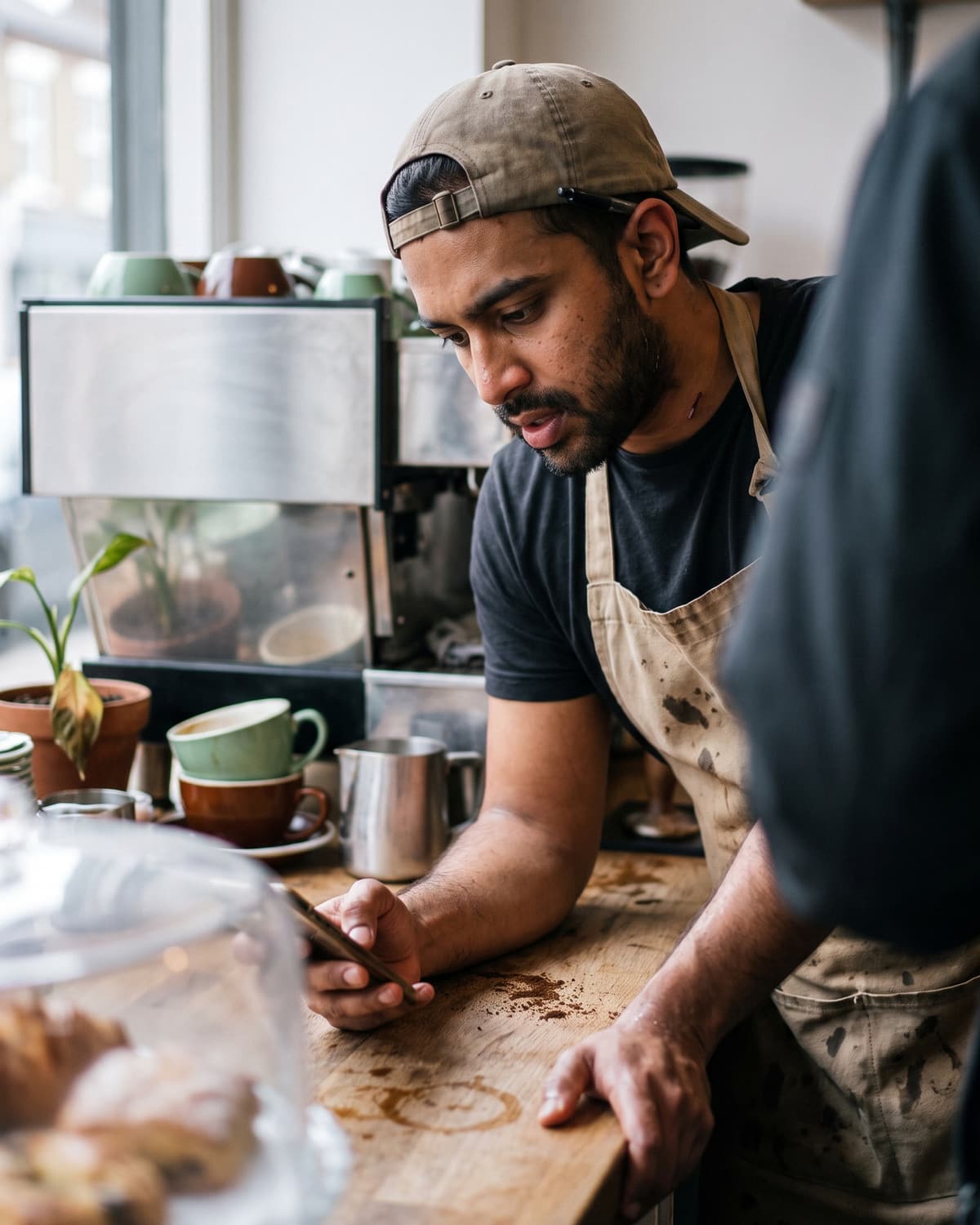 A café owner reading an order on his phone at the counter