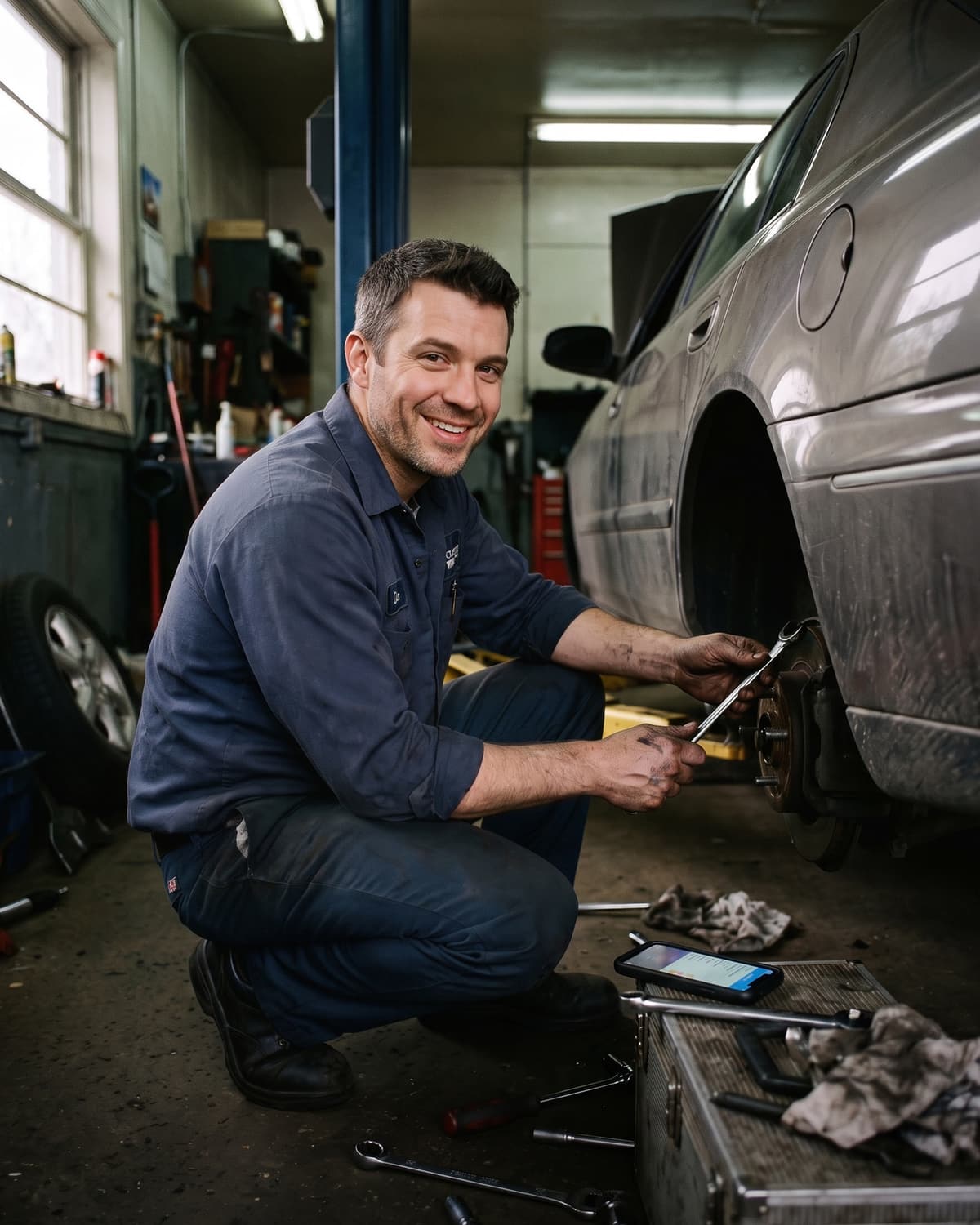 A mechanic kneeling by a car in his garage, a wrench in his hand